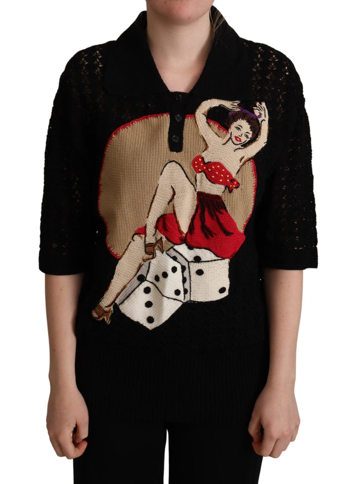 Schwarzer bestickter Baumwollpullover aus Strick