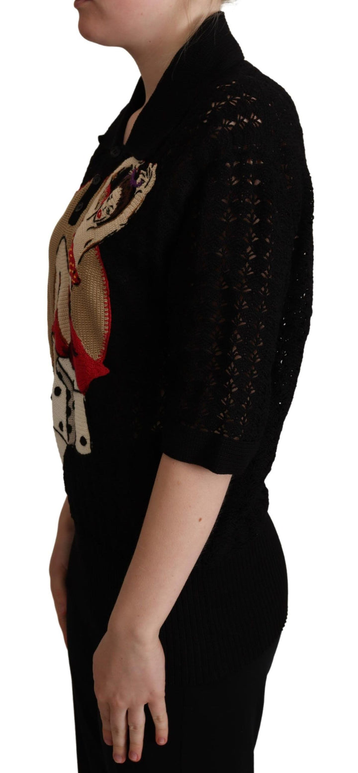 Schwarzer bestickter Baumwollpullover aus Strick