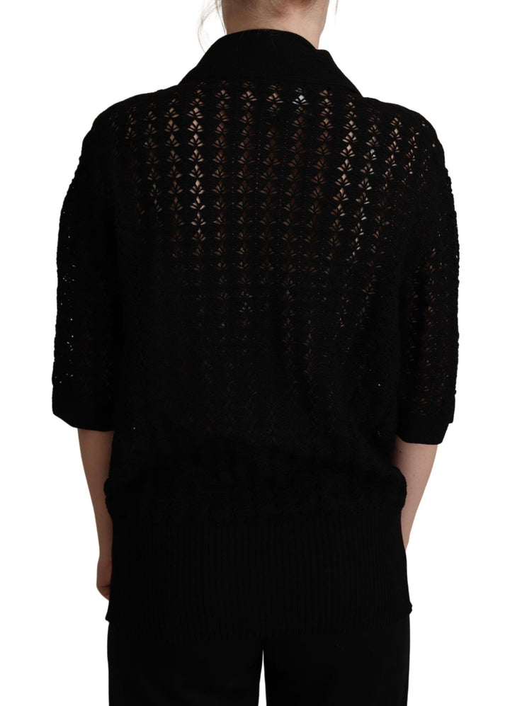 Schwarzer bestickter Baumwollpullover aus Strick