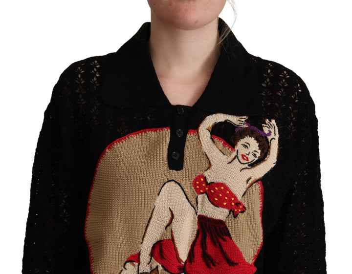 Schwarzer bestickter Baumwollpullover aus Strick