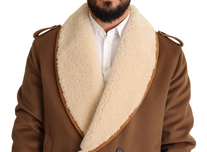 Brauner doppelreihiger Shearling-Mantel Jacke