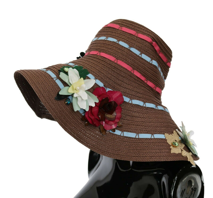 Brauner gestrickter Strohhut mit Blumen