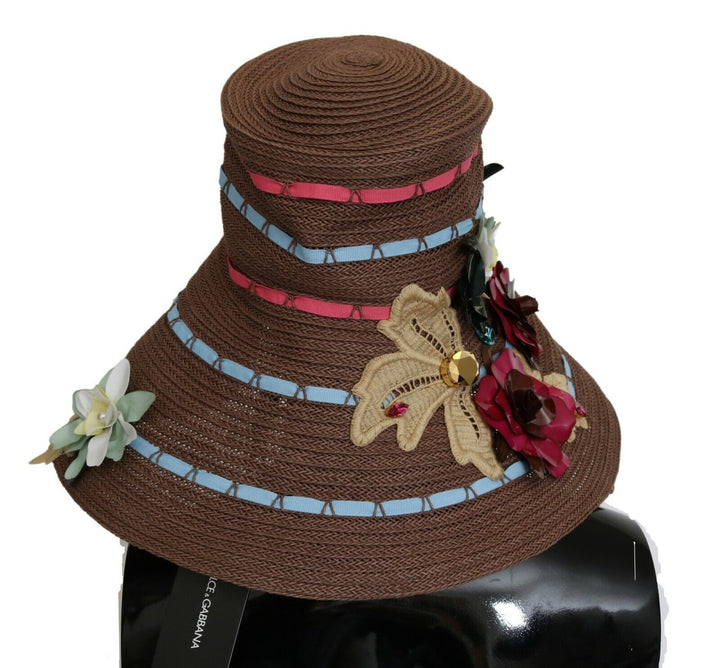 Brauner gestrickter Strohhut mit Blumen