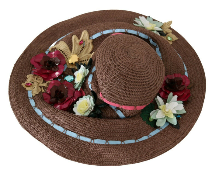 Brauner gestrickter Strohhut mit Blumen