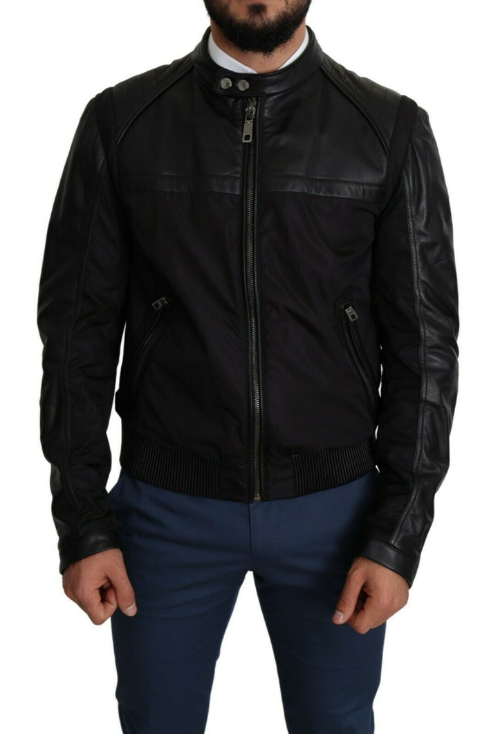 Elegant black bomber with leather applications
