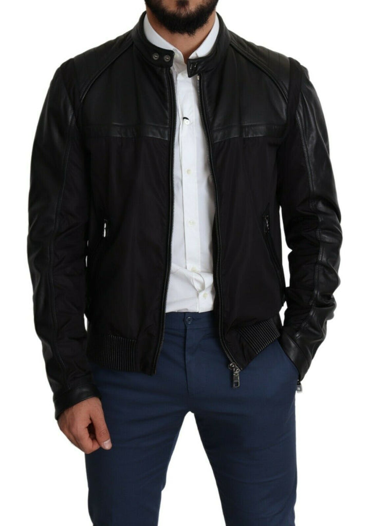 Elegant black bomber with leather applications