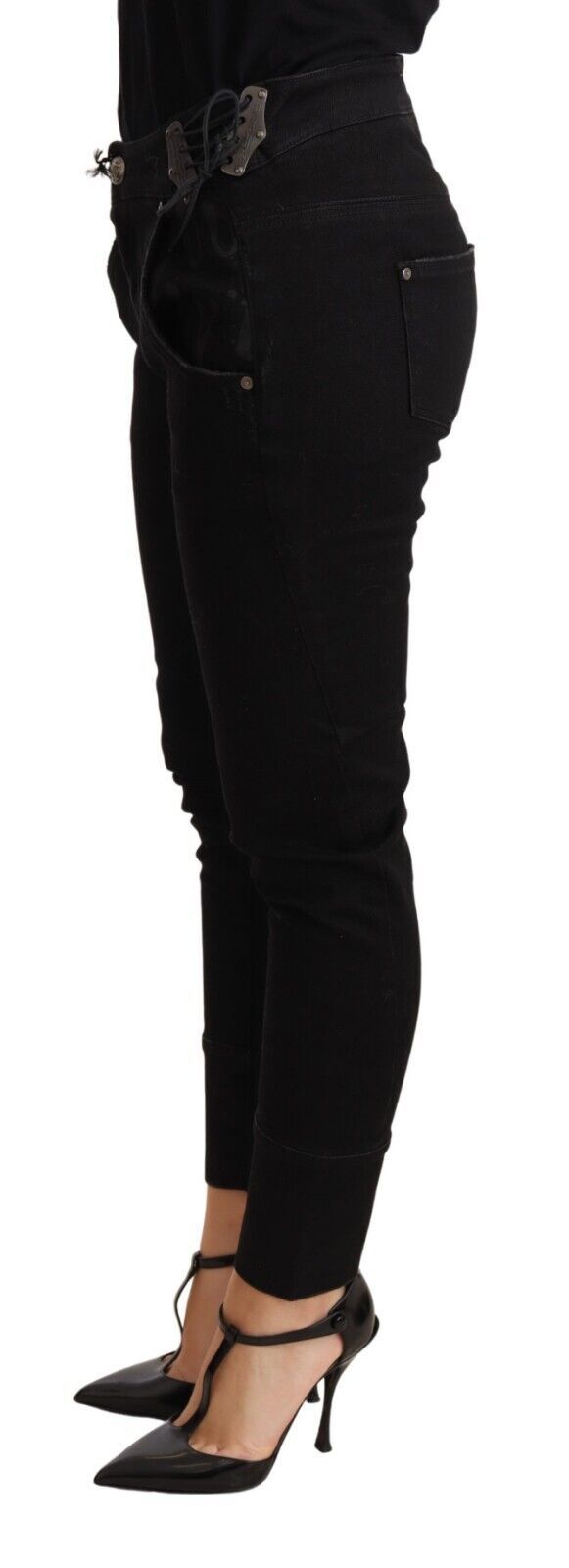 Chic skinny pants made of black cotton with a low waist