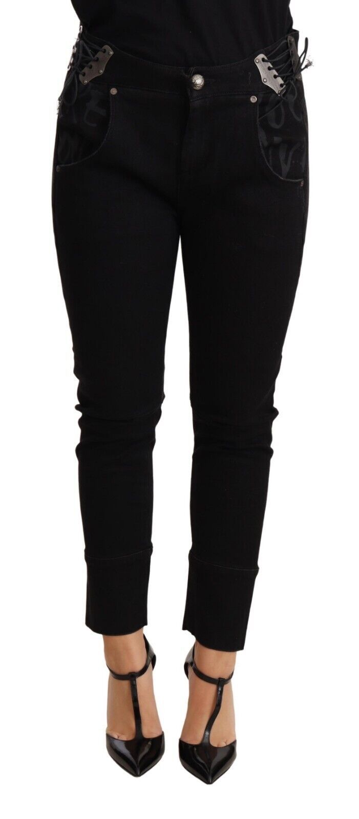 Chic skinny pants made of black cotton with a low waist