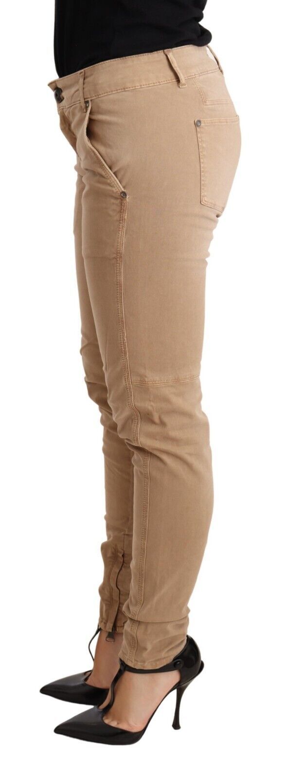 Braune Skinny-Denim-Hose mit niedriger Taille Baumwolljeans