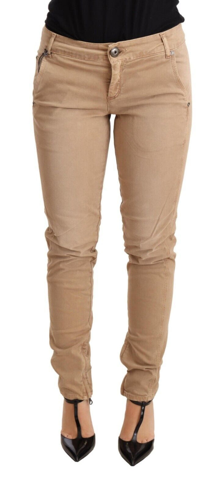 Braune Skinny-Denim-Hose mit niedriger Taille Baumwolljeans