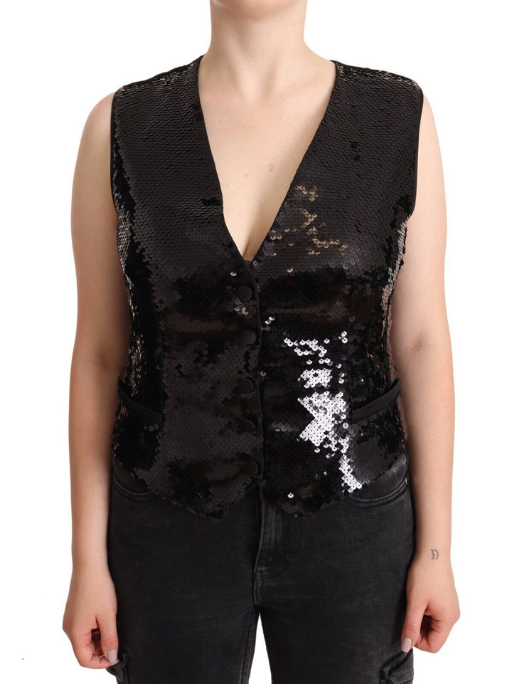 Elegant black sleeveless sequin vest top