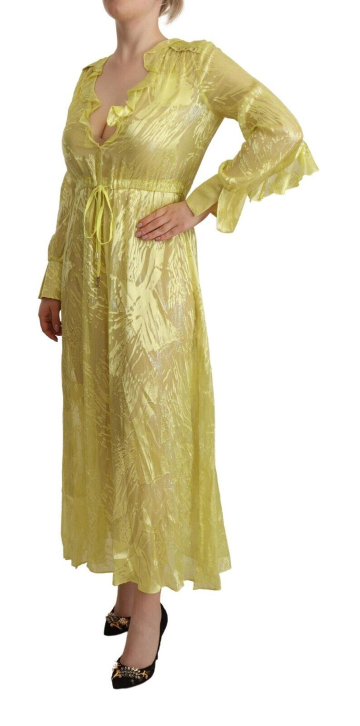 Gelbes Seidenkleid mit langen Ärmeln und tiefem Ausschnitt