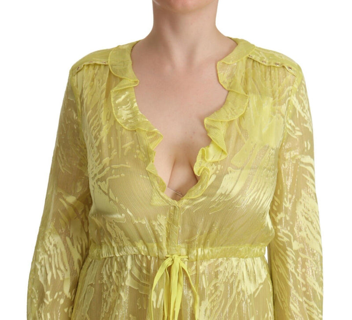 Gelbes Seidenkleid mit langen Ärmeln und tiefem Ausschnitt