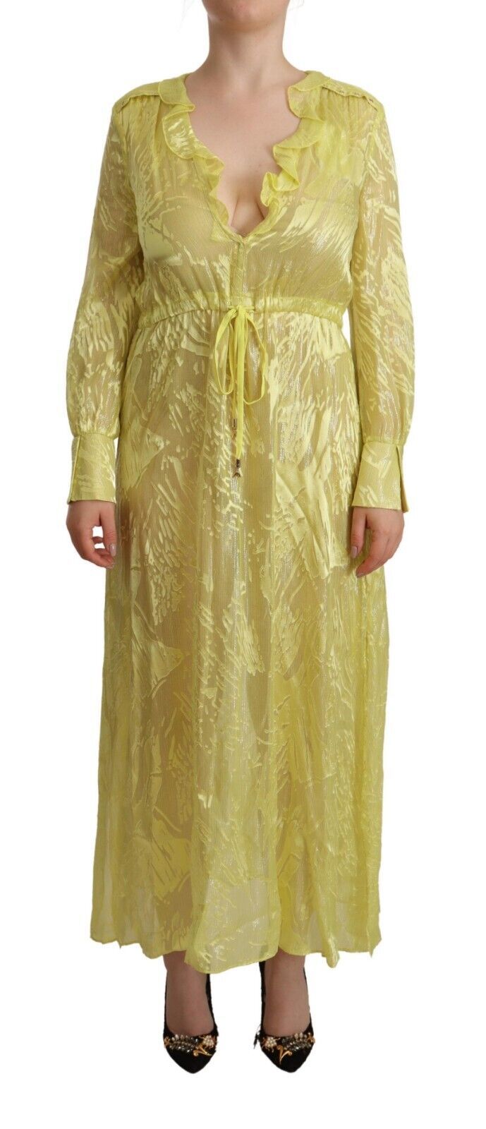 Gelbes Seidenkleid mit langen Ärmeln und tiefem Ausschnitt