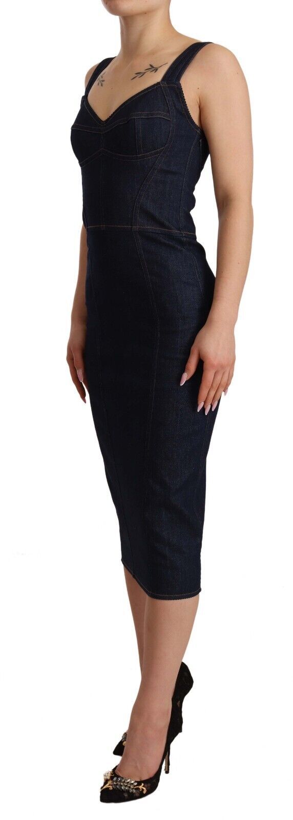 Dunkelblaues Baumwoll-Denim-Midikleid