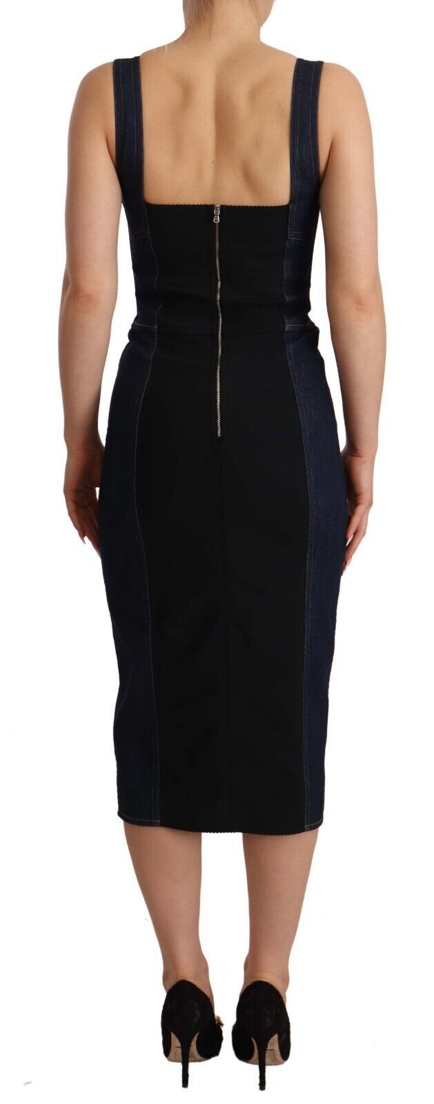 Dunkelblaues Baumwoll-Denim-Midikleid