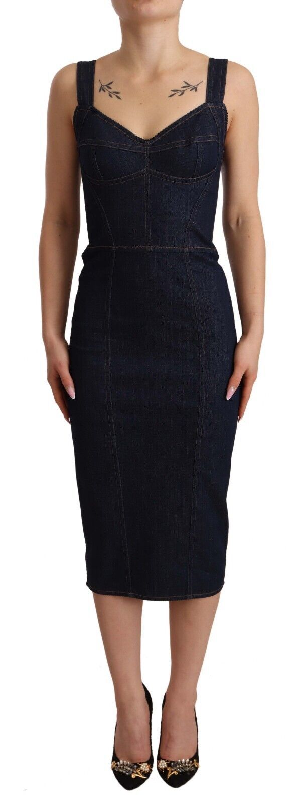 Dunkelblaues Baumwoll-Denim-Midikleid