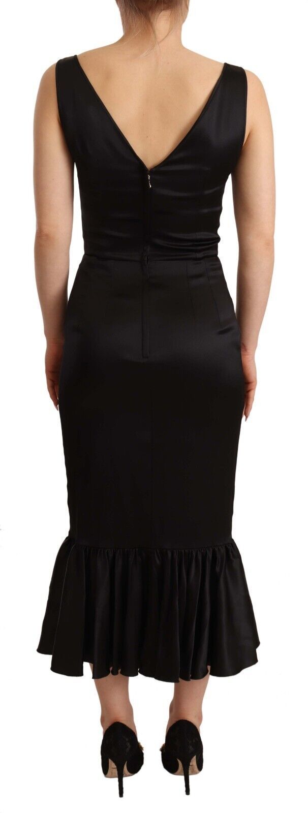 Elegant black silk midi sheath dress