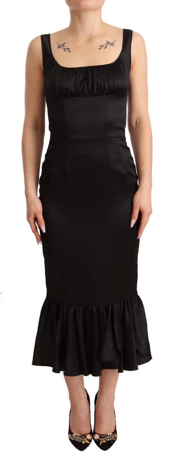 Elegant black silk midi sheath dress