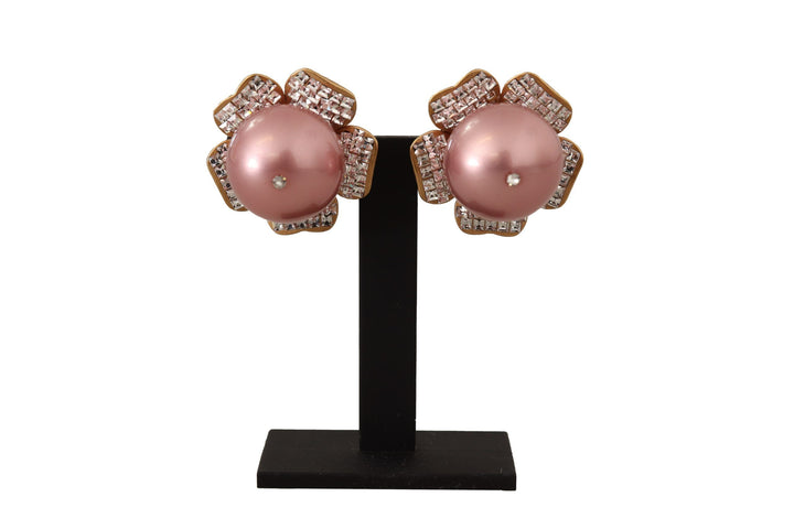 Elegant floral crystal pearl clip earrings