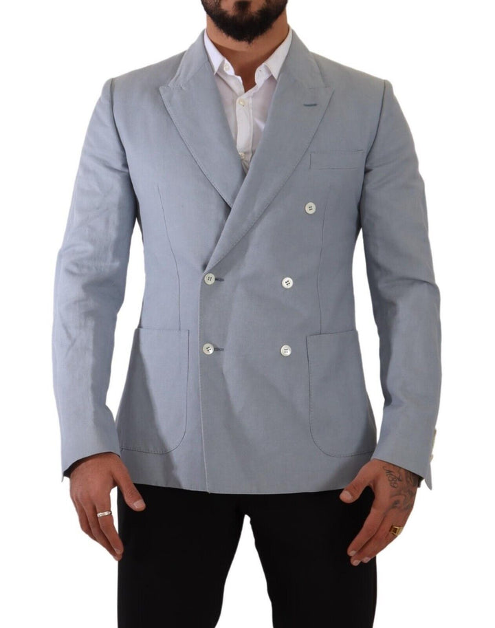 Elegant slim-fit light blue double-breasted blazer