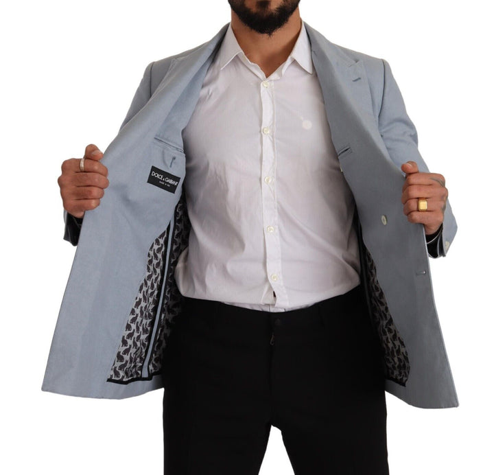 Elegant slim-fit light blue double-breasted blazer
