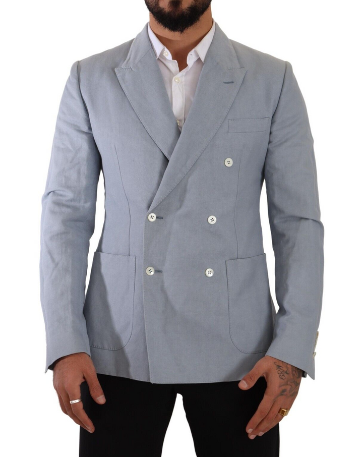 Elegant slim-fit light blue double-breasted blazer