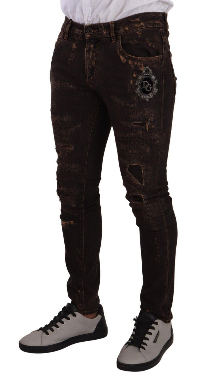 Braune Distressed Slim Fit Skinny Denim Jeans