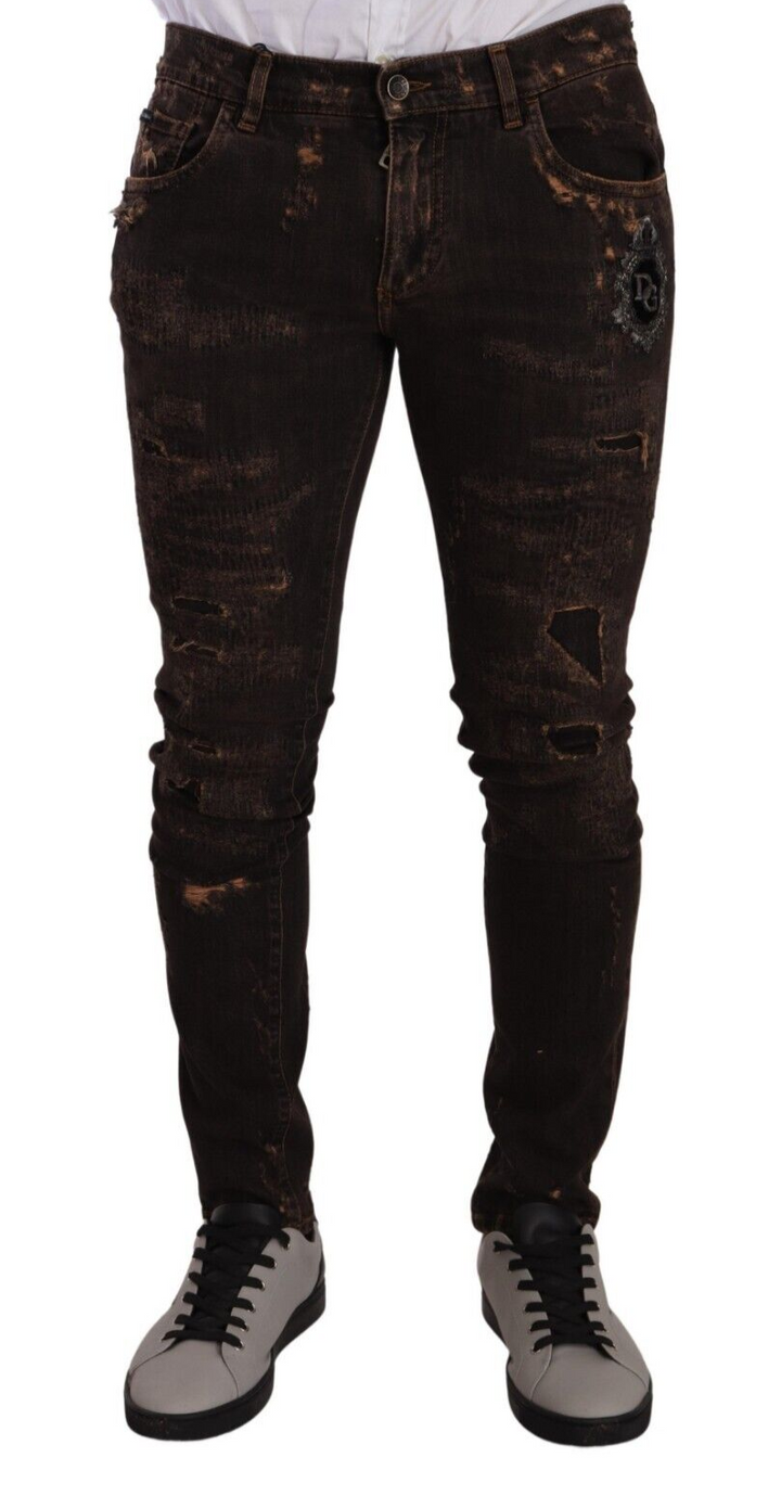 Braune Distressed Slim Fit Skinny Denim Jeans