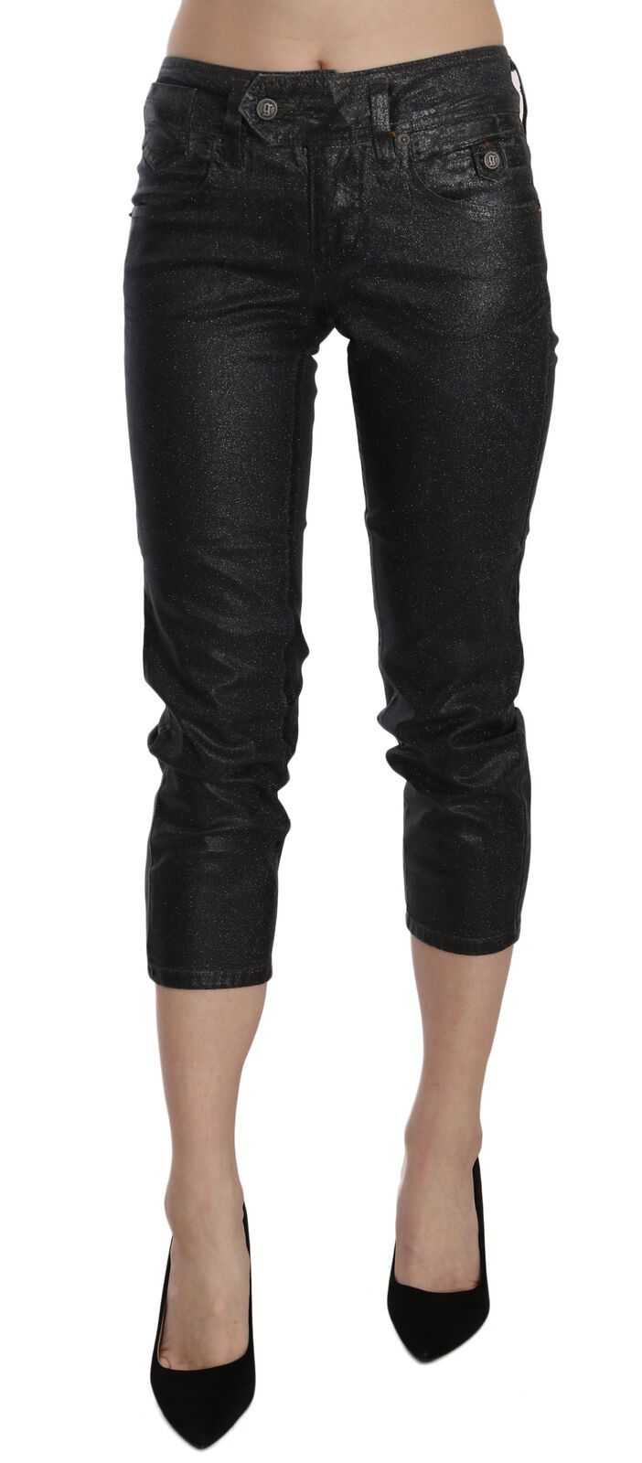 Schwarze gewaschene Denim-Hose mit schmalem Bein und mittlerer Taille