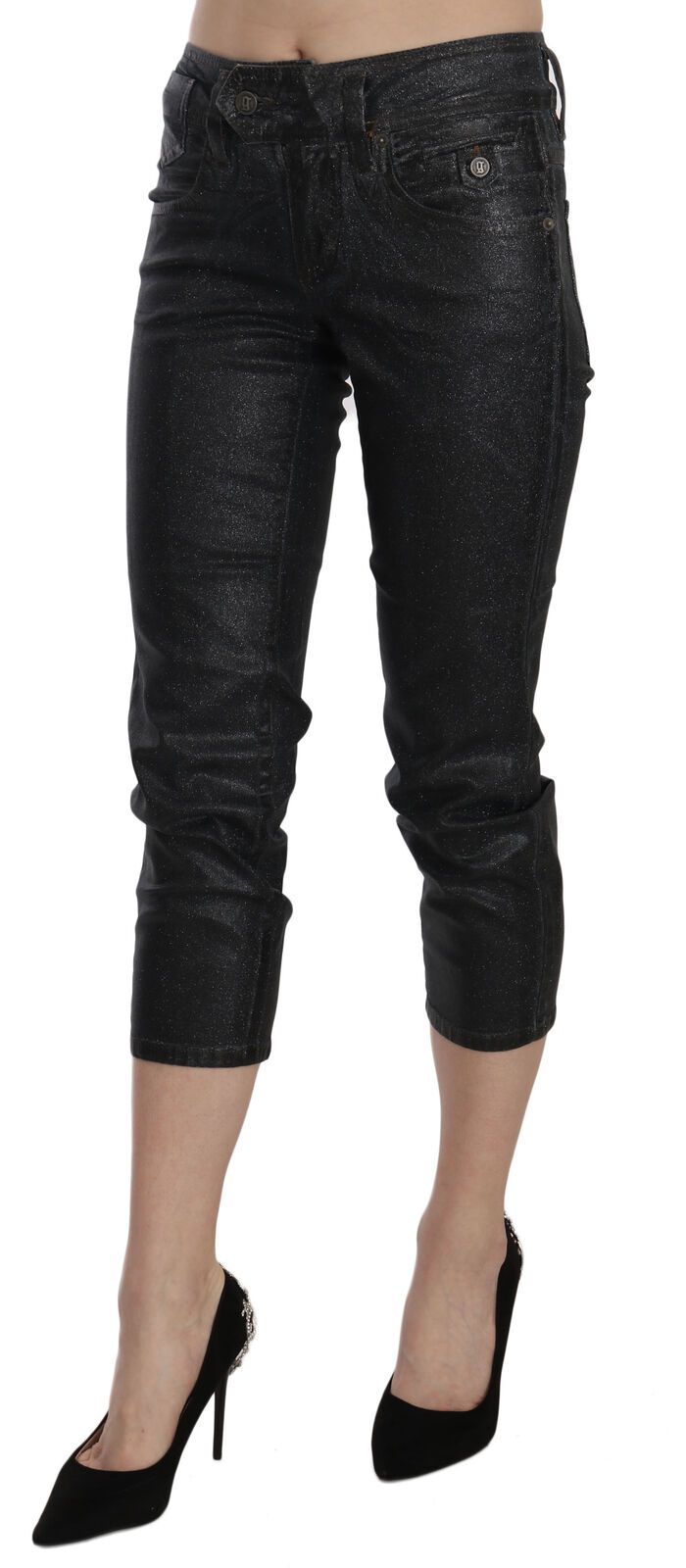 Schwarze gewaschene Denim-Hose mit schmalem Bein und mittlerer Taille
