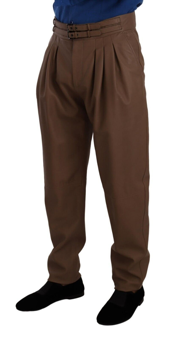 Braune, taillierte Lederhose mit hoher Taille