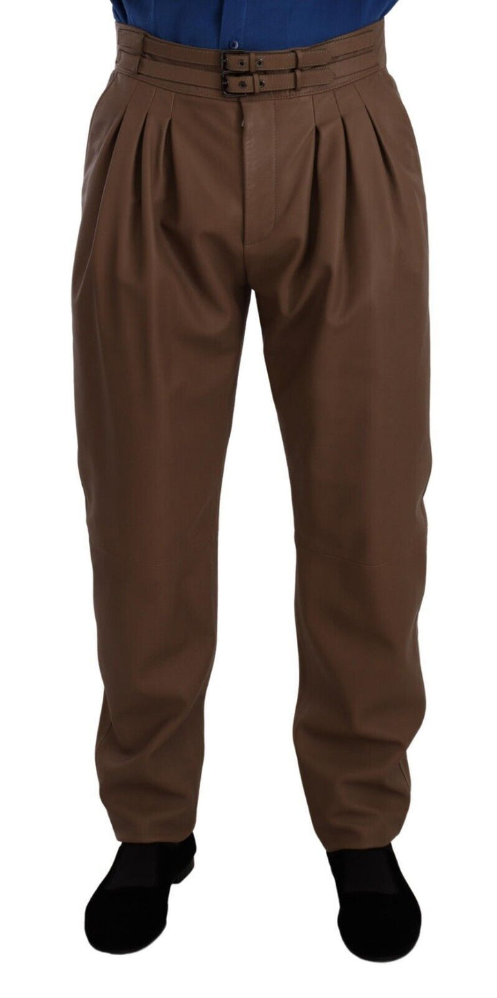 Braune, taillierte Lederhose mit hoher Taille