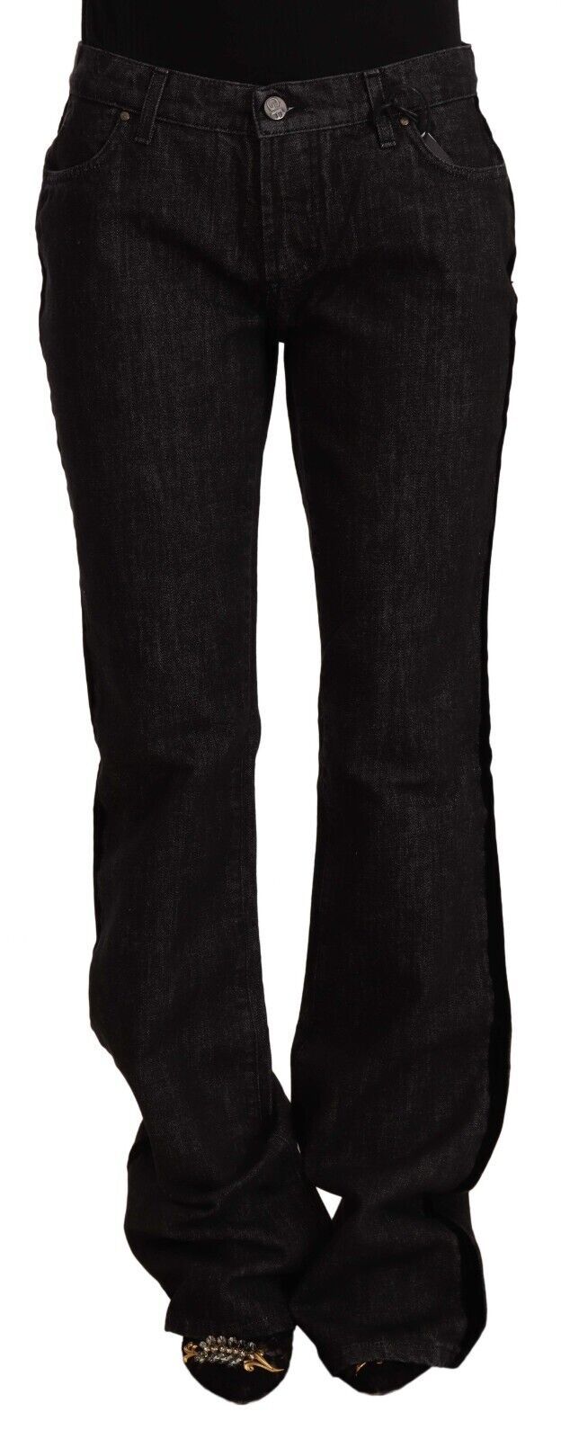 Schwarze Straight Boot Cut Jeans aus Baumwoll-Denim mit mittlerer Taille