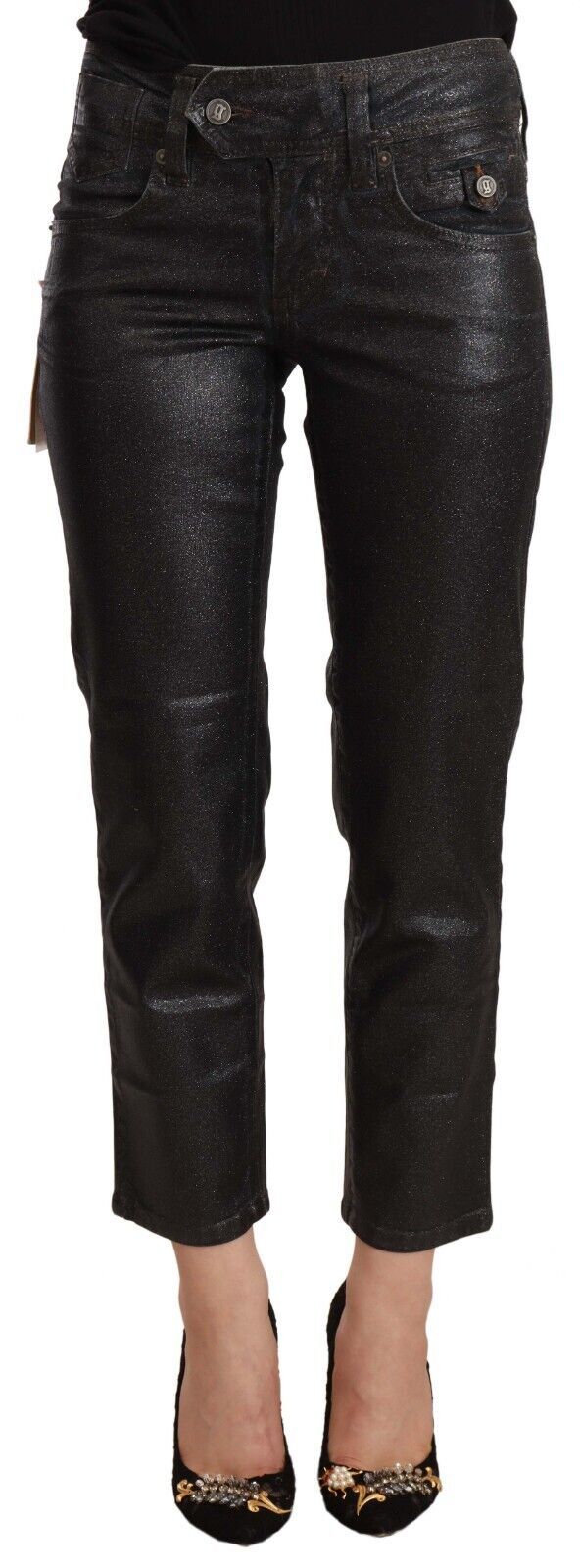 Schwarze glitzernde Baumwoll-Cropped-Hose mit mittlerer Taille