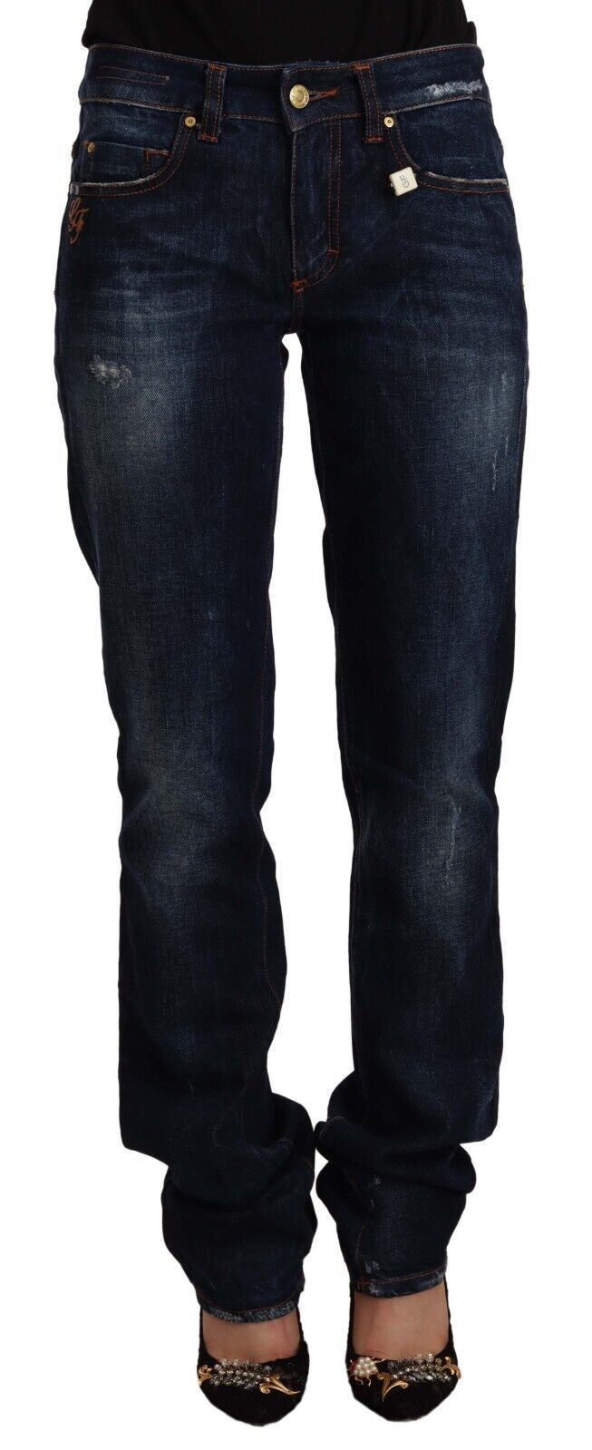 Dunkelblau gewaschene Straight Jeans aus Baumwoll-Denim mit mittlerer Taille