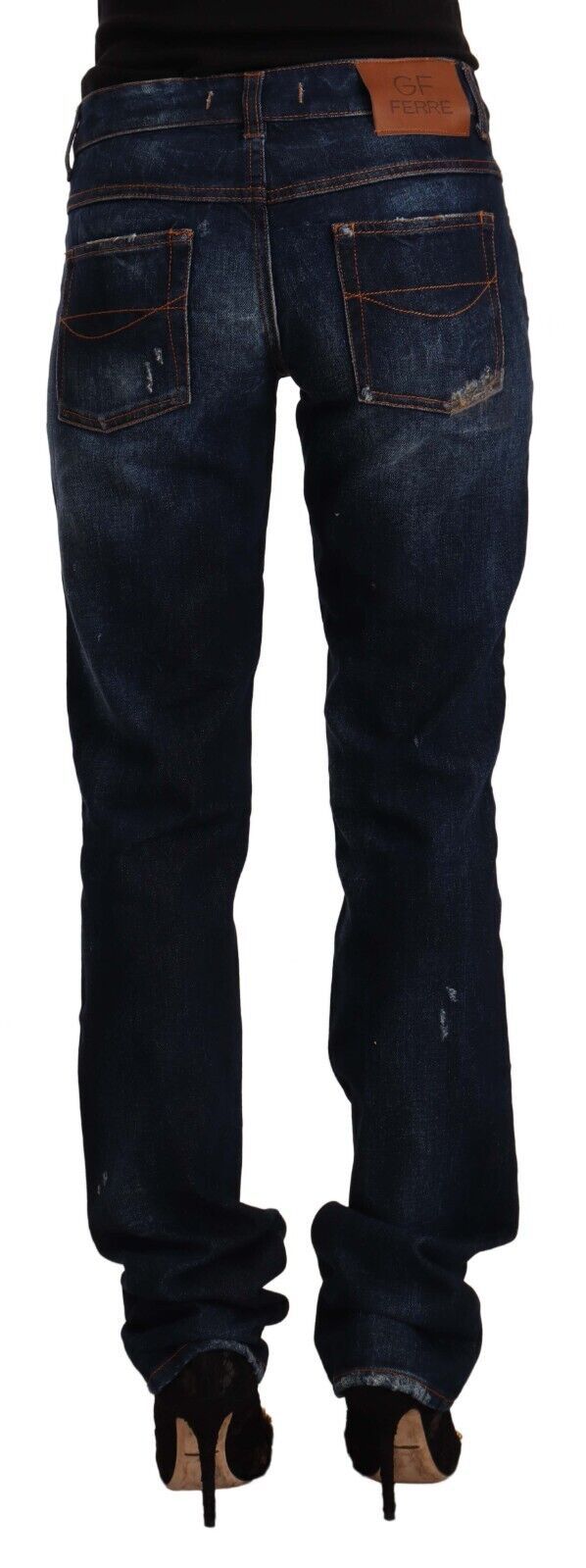Dunkelblau gewaschene Straight Jeans aus Baumwoll-Denim mit mittlerer Taille