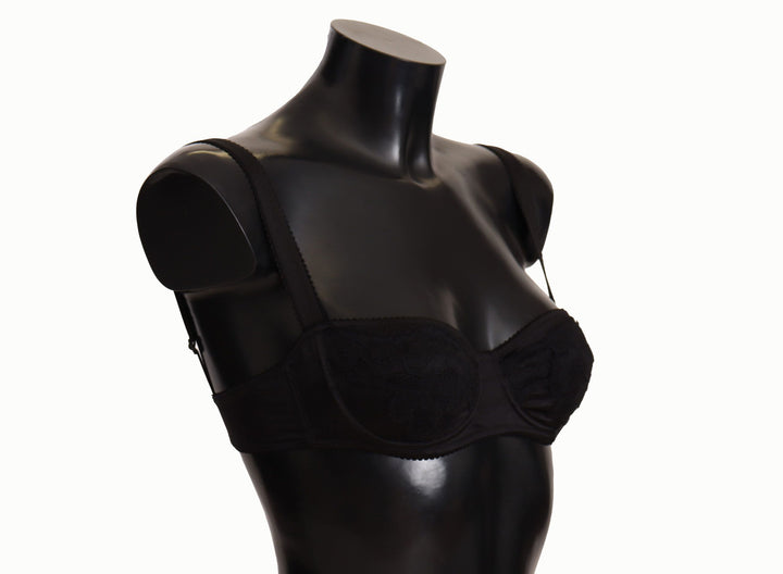 Schwarzer Balconette-BH aus Satin-Spitze mit Tupfen