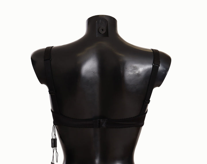 Schwarzer Balconette-BH aus Satin-Spitze mit Tupfen