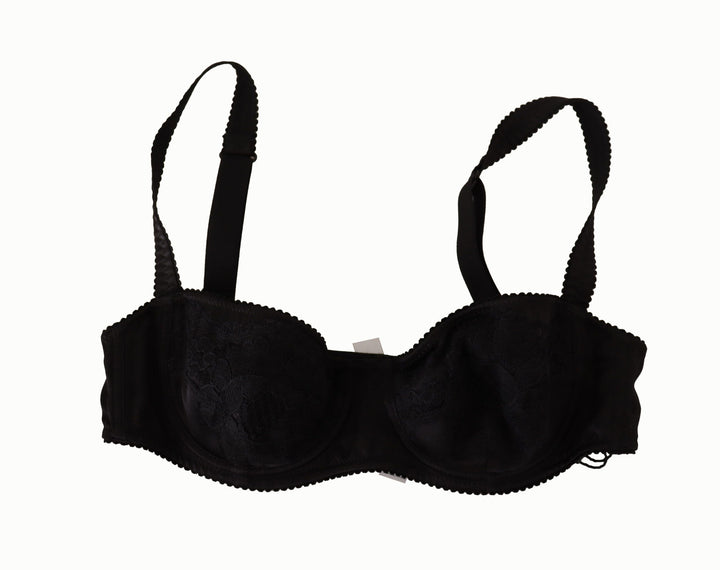Schwarzer Balconette-BH aus Satin-Spitze mit Tupfen