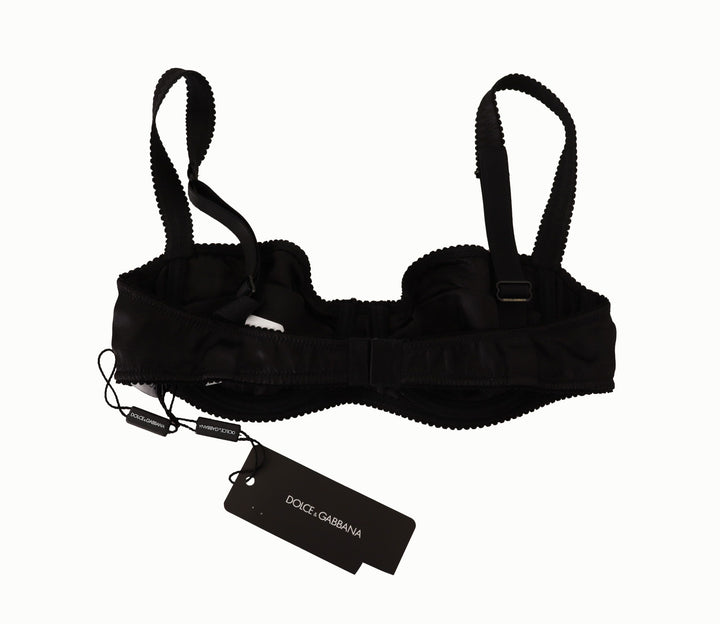 Schwarzer Balconette-BH aus Satin-Spitze mit Tupfen