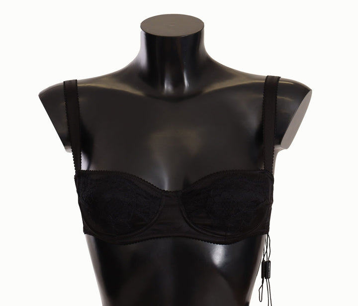 Schwarzer Balconette-BH aus Satin-Spitze mit Tupfen