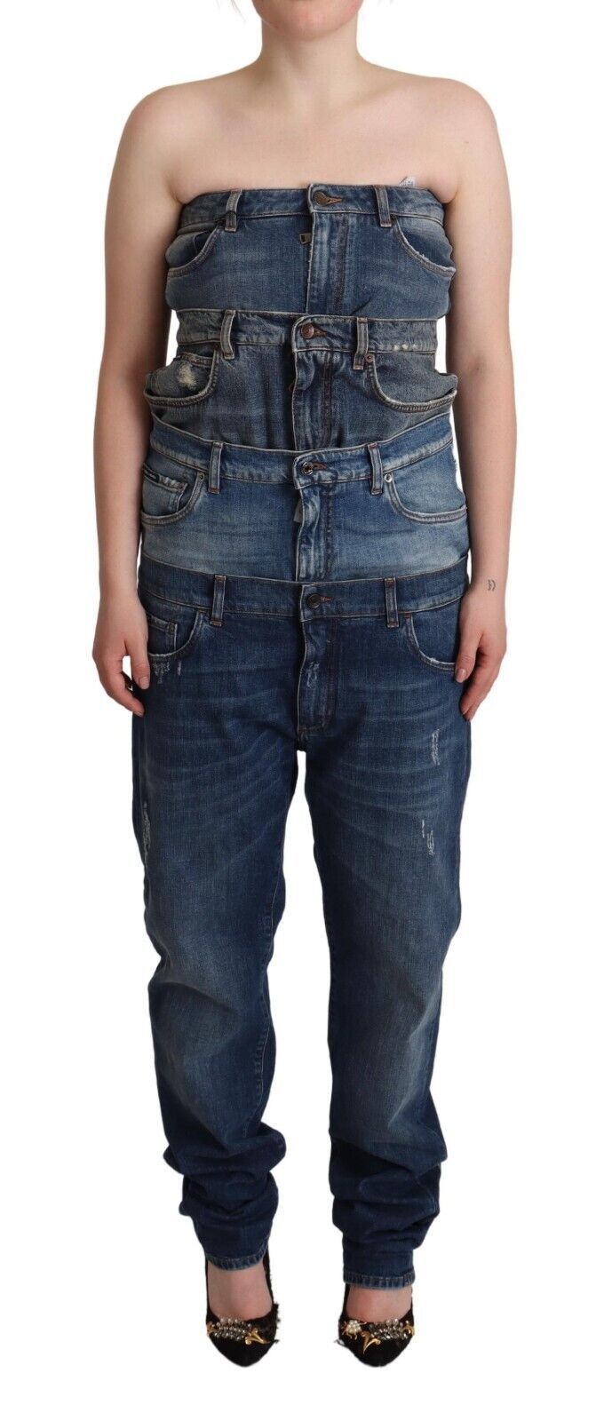 Dunkelblaues trägerloses Denim-Jumpsuit-Kleid aus Baumwolle