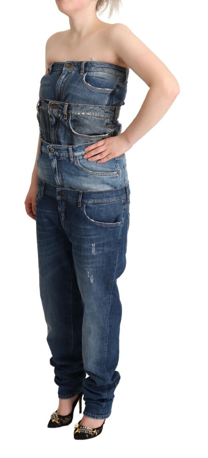 Dunkelblaues trägerloses Denim-Jumpsuit-Kleid aus Baumwolle