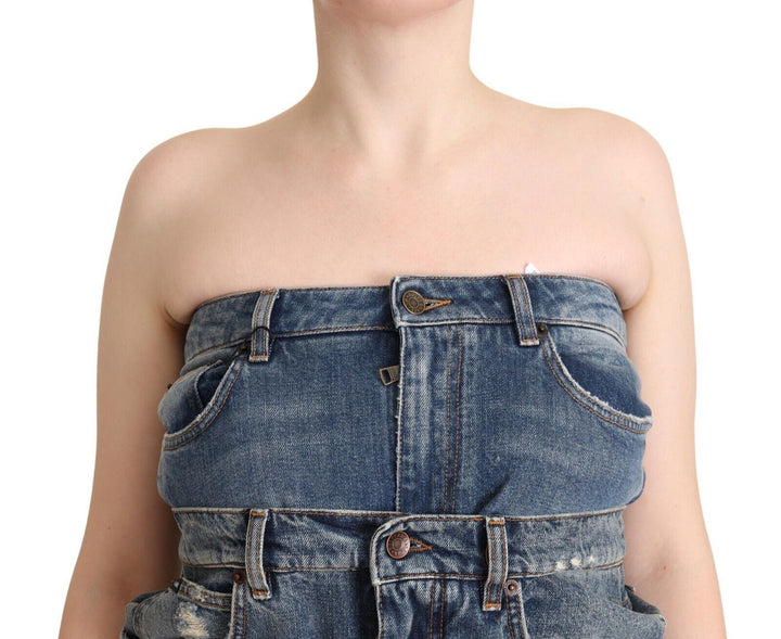 Dunkelblaues trägerloses Denim-Jumpsuit-Kleid aus Baumwolle