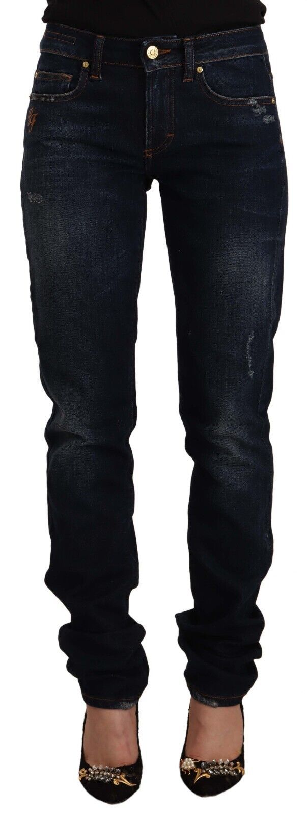 Dunkelblau gewaschene Skinny Jeans aus Baumwoll-Denim mit mittlerer Taille