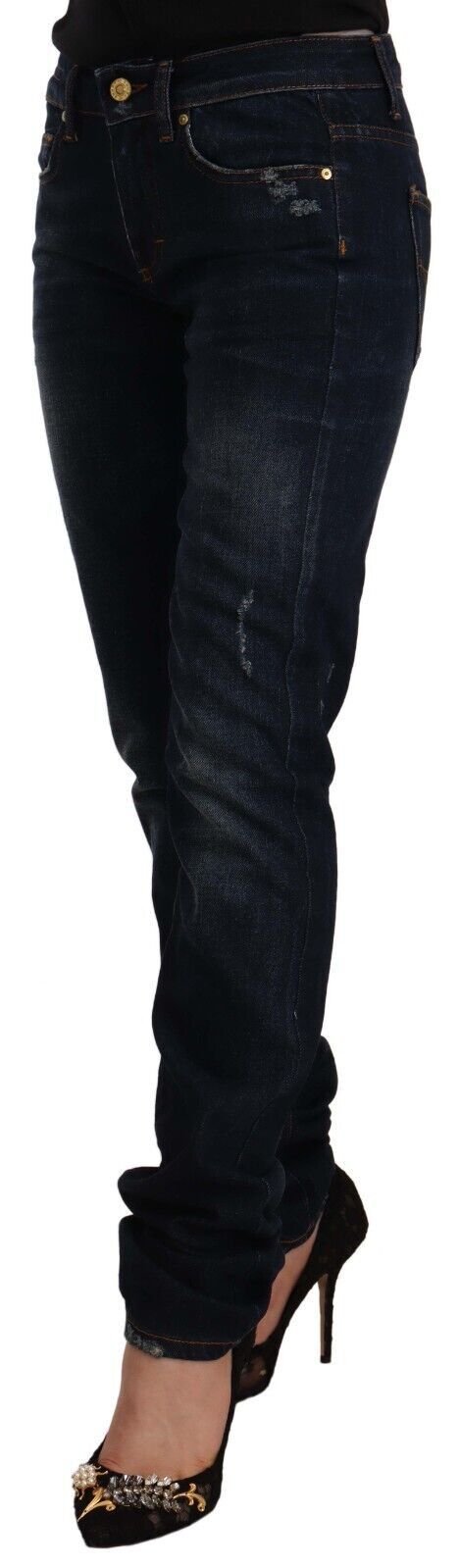 Dunkelblau gewaschene Skinny Jeans aus Baumwoll-Denim mit mittlerer Taille