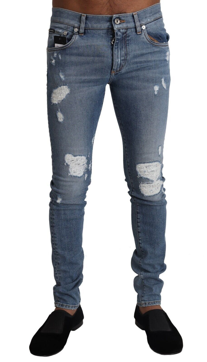 Hellblaue Skinny Jeans aus zerrissenem Baumwoll-Denim