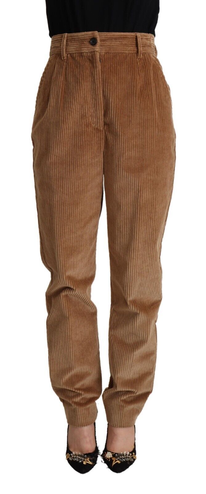 Brauner Baumwollcord mit hoher Taille und Skinny Pants