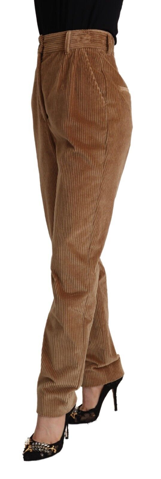 Brauner Baumwollcord mit hoher Taille und Skinny Pants